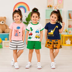 Pink Cat Print , White Dino & Car Print , Navy Construction Vehicle T-Shirt & Shorts Set ( Pack of Three )