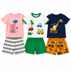 Pink Cat Print , White Dino & Car Print , Navy Construction Vehicle T-Shirt & Shorts Set ( Pack of Three )