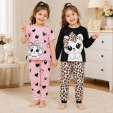 Girls Pink Kitty Hearts & Girls Black Kitty Leopard Print Night Suit Set