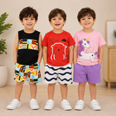 Geometric Print Sleeveless & Red Bear Graphic & Unicorn Graphic T-Shirt & Shorts Co-Ord Set