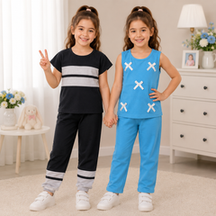 Color Block T-Shirt & Sleeveless Printed Top with Trousers Pack of two