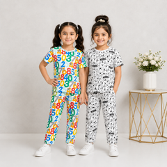 Girls Numbers print & Girls Cartoon Print 2 Piece Cotton set (Pack of 2)