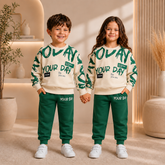 Green and white your day printed style kids suit for winter
