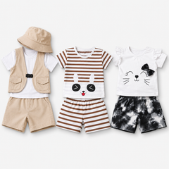 Safari Explorer, Happy Bunny & Cute Kitty Girls Premium Cotton Summer Outfit Set (Pack of 3)