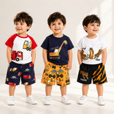 Tiger Print , Excavator Print , Fire Truck print T-Shirt with Printed Shorts Set ( Pack of Three )