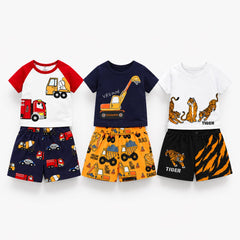 Tiger Print , Excavator Print , Fire Truck print T-Shirt with Printed Shorts Set ( Pack of Three )