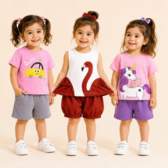 Cute Car , Flamingo Ruffle , Unicorn Print T-Shirt & Shorts Set ( Pack of Three )