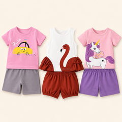 Cute Car , Flamingo Ruffle , Unicorn Print T-Shirt & Shorts Set ( Pack of Three )