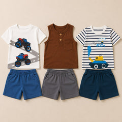 Monster Truck , Sleeveless Tank Top , Construction Vehicle Printed T-Shirt & Shorts Set ( Pack of three )