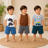 Monster Truck , Sleeveless Tank Top , Construction Vehicle Printed T-Shirt & Shorts Set ( Pack of three )