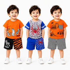 Tiger Print , Spider Hero , Construction Vehicle 2-Piece T-Shirt & Shorts Set ( Pack of three )