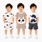 Pack of 3 Summer Cotton T-Shirt & Shorts Set (2–3 Years) | Dinosaur, Bear & Monster Truck Prints ( Pack of Three )