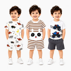Pack of 3 Summer Cotton T-Shirt & Shorts Set (2–3 Years) | Dinosaur, Bear & Monster Truck Prints ( Pack of Three )