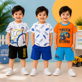 Bicycle, Feather & Truck Prints Premium Summer T-Shirt & Shorts Set | ( Pack of Three )