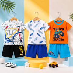 Bicycle, Feather & Truck Prints Premium Summer T-Shirt & Shorts Set | ( Pack of Three )