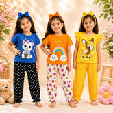 Blue Cat Printed & Orange Rainbow Printed & Yellow Deer Printed Girls Pajama Set ( Pack of three )