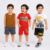 Brown Henley, Little Dino & Construction Loader Premium Cotton Co-Ord Set for Toddler Boys (Pack of 3)
