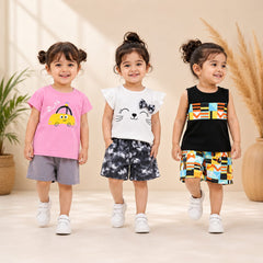 Pink Car, White Kitty & Black Geometric Print Premium Cotton Co-Ord Set for Toddler Girls (Pack of 3)
