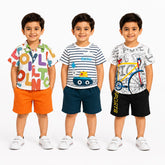 Alphabet, Stripes & Bicycle Boys Summer Printed Shirt & Shorts Co-Ord Set – Pack of 3