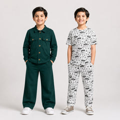 Dark Green Button Front Jacket Set & White Cartoon Printed T-Shirt Set for Boys (Pack of 2)