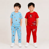 Sky Blue Balloon Printed T-Shirt & Red Polo Dream T-Shirt Co-Ord Set for Boys (Pack of 2)