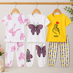 Floral, Finger Heart & Butterfly Girls T-Shirt & Trouser Set – Pack of 3