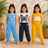 Girls Premium Cotton T-Shirt & Trouser Co-Ord Set – Sky Blue Cross, Butterfly & Yellow Stripe (Pack of 3)