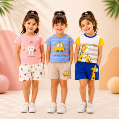 Kitty Print, Lucky Kid Car Print & Giraffe Print Girls Pack of 3 Summer Cotton Co-Ord Sets  ( Pack of three )