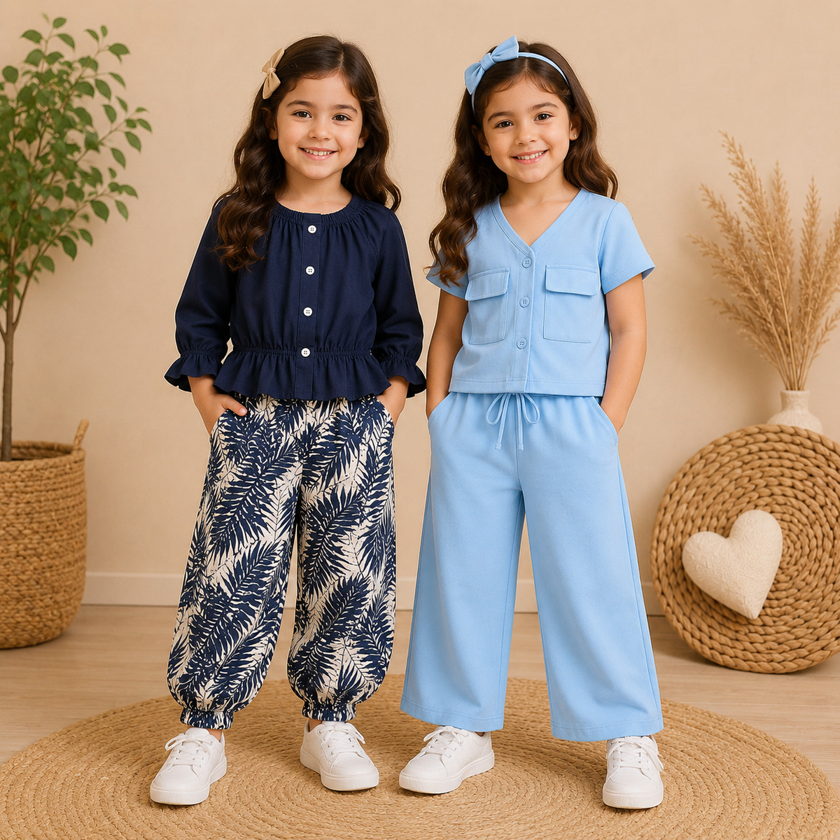 Girls Navy Peplum Top & Girls Sky Blue Utility Top & Wide-Leg Pants Co-Ord Set ( Pack of two )
