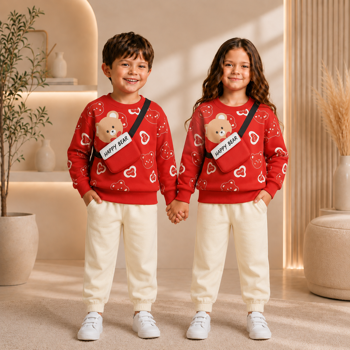 RED HAPPY BEAR KIDS WINTER PANEL TRACKSUIT