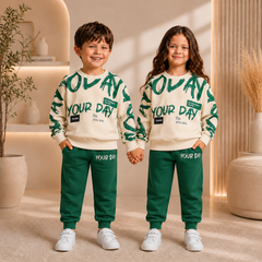 Green and white your day printed style kids suit for winter