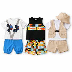 Monster Truck, Geometric & Safari Adventure Boys Summer Co-Ord Set (Pack of 3)