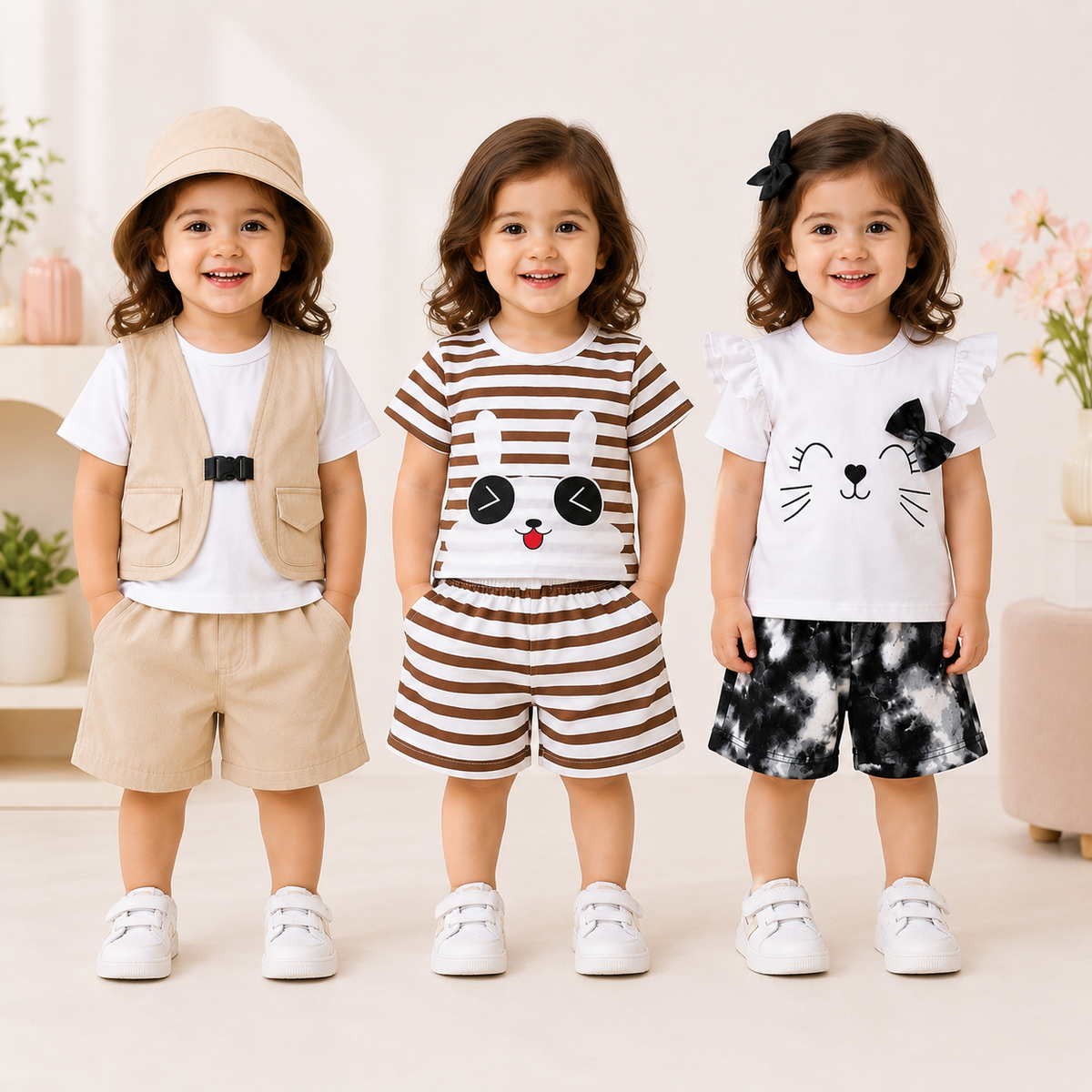 Safari Explorer, Happy Bunny & Cute Kitty Girls Premium Cotton Summer Outfit Set (Pack of 3)