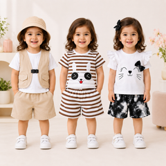 Safari Explorer, Happy Bunny & Cute Kitty Girls Premium Cotton Summer Outfit Set (Pack of 3)