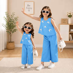 Sky Blue  : Girls Stylish Sleeveless Top & Wide-Leg Pants Co-Ord Set