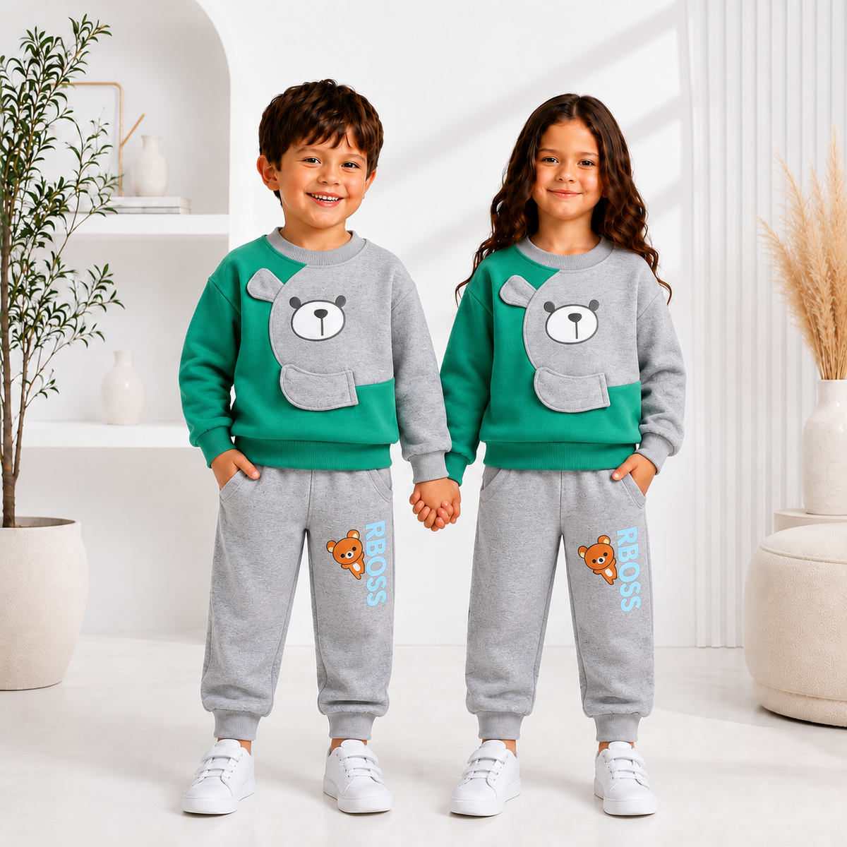 GREEN & GRAY POOH KIDS WINTER PANEL TRACKSUIT