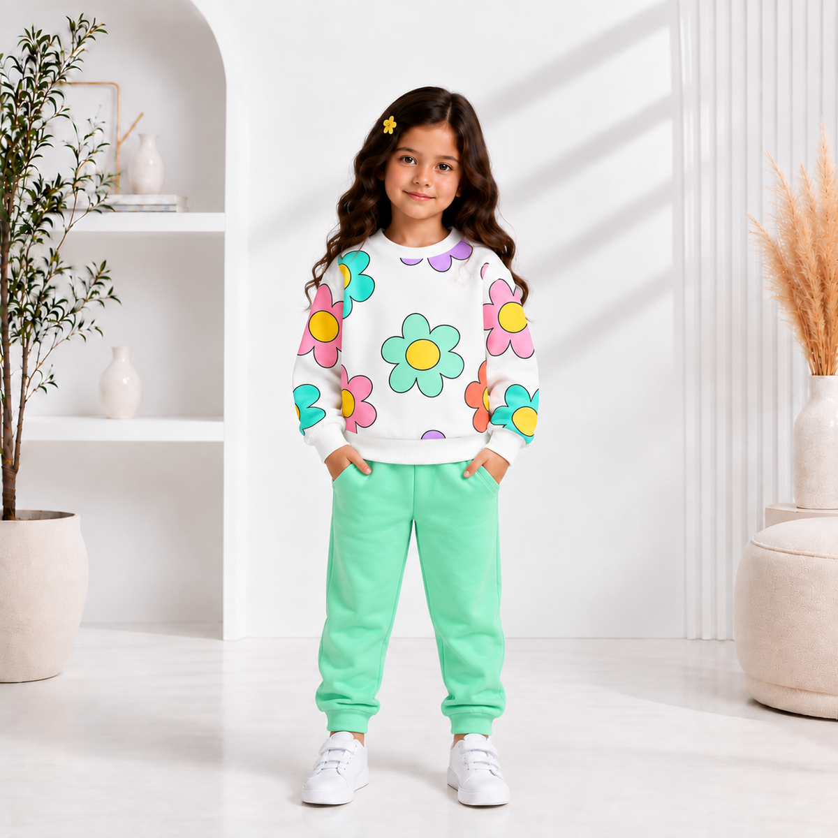 colourfull daisy flowers printed kids suit for winter