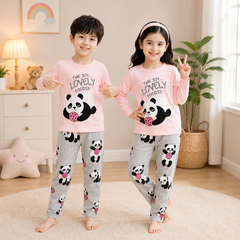 Lovely Panda Kids Pajama Set Pink &amp; Grey – Cute Cartoon Night Suit