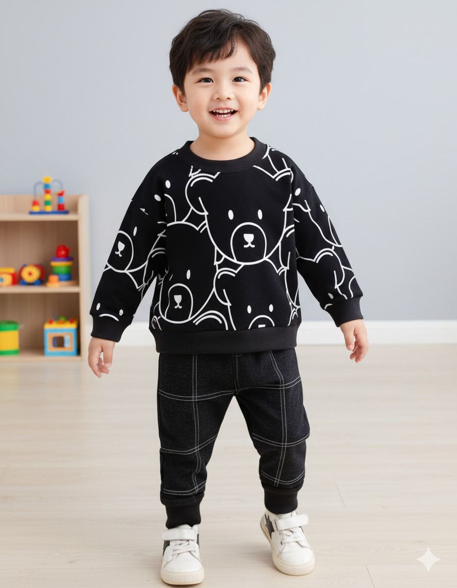 Black Bear Face printed kids suit for winter