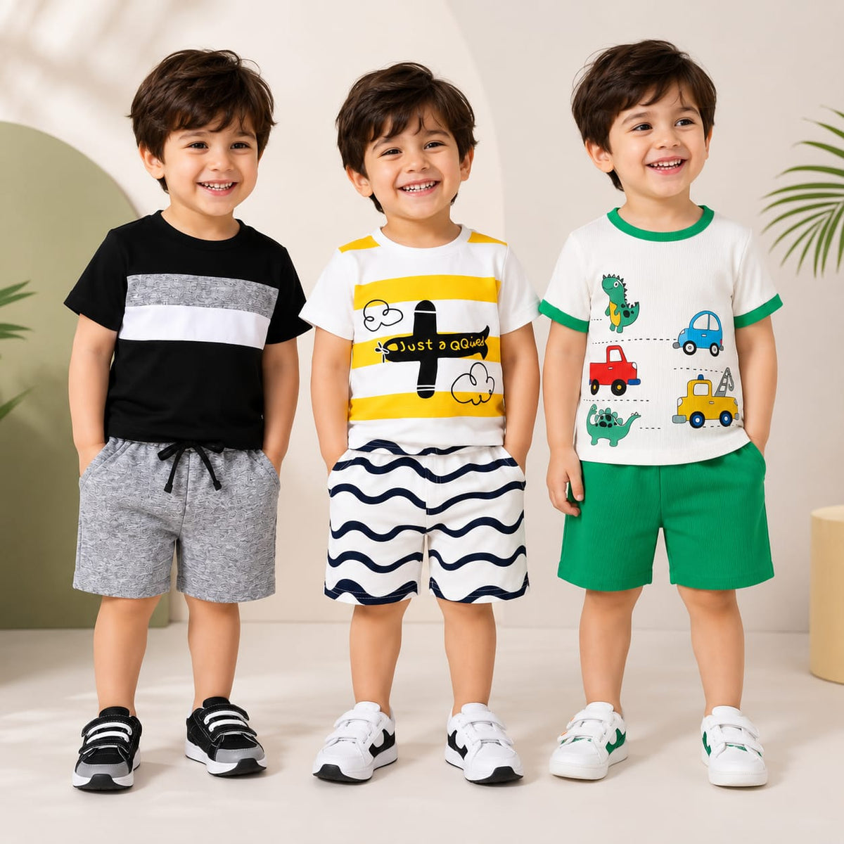 Black Stripe ,  Yellow Printed ,  Dinosaur Print  T-Shirt and Shorts 2-Piece Set  ( Pack of three )