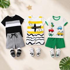 Black Stripe ,  Yellow Printed ,  Dinosaur Print  T-Shirt and Shorts 2-Piece Set  ( Pack of three )