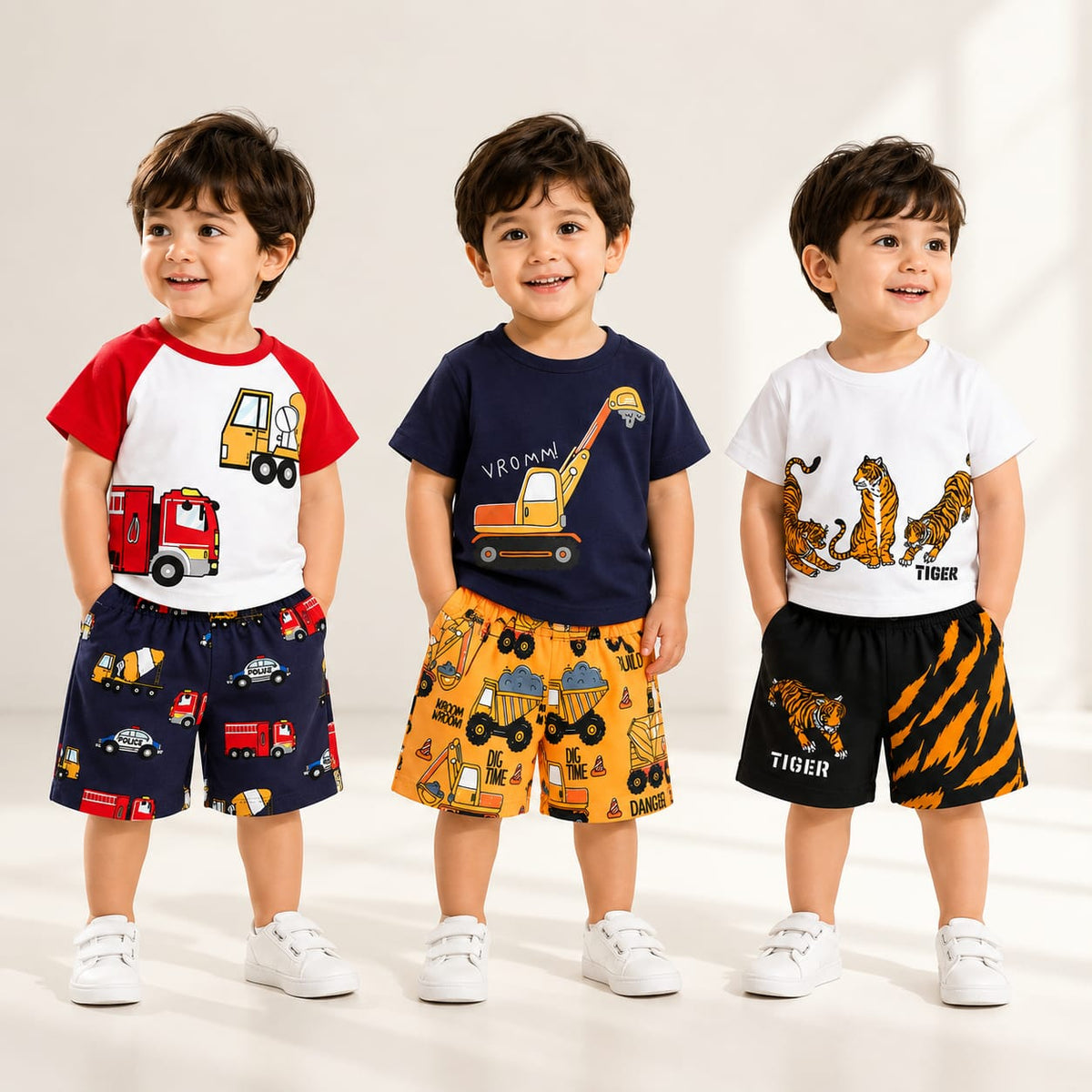 Tiger Print , Excavator Print , Fire Truck print  T-Shirt with Printed Shorts Set  ( Pack of Three )