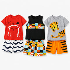 Red Bear , Black Sleeveless Geometric , Grey Tiger Print  T-Shirt & Shorts Set   ( Pack of three )