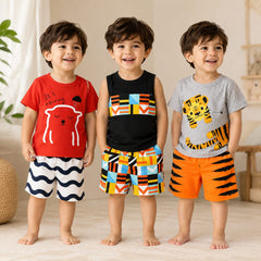 Red Bear , Black Sleeveless Geometric , Grey Tiger Print  T-Shirt & Shorts Set   ( Pack of three )