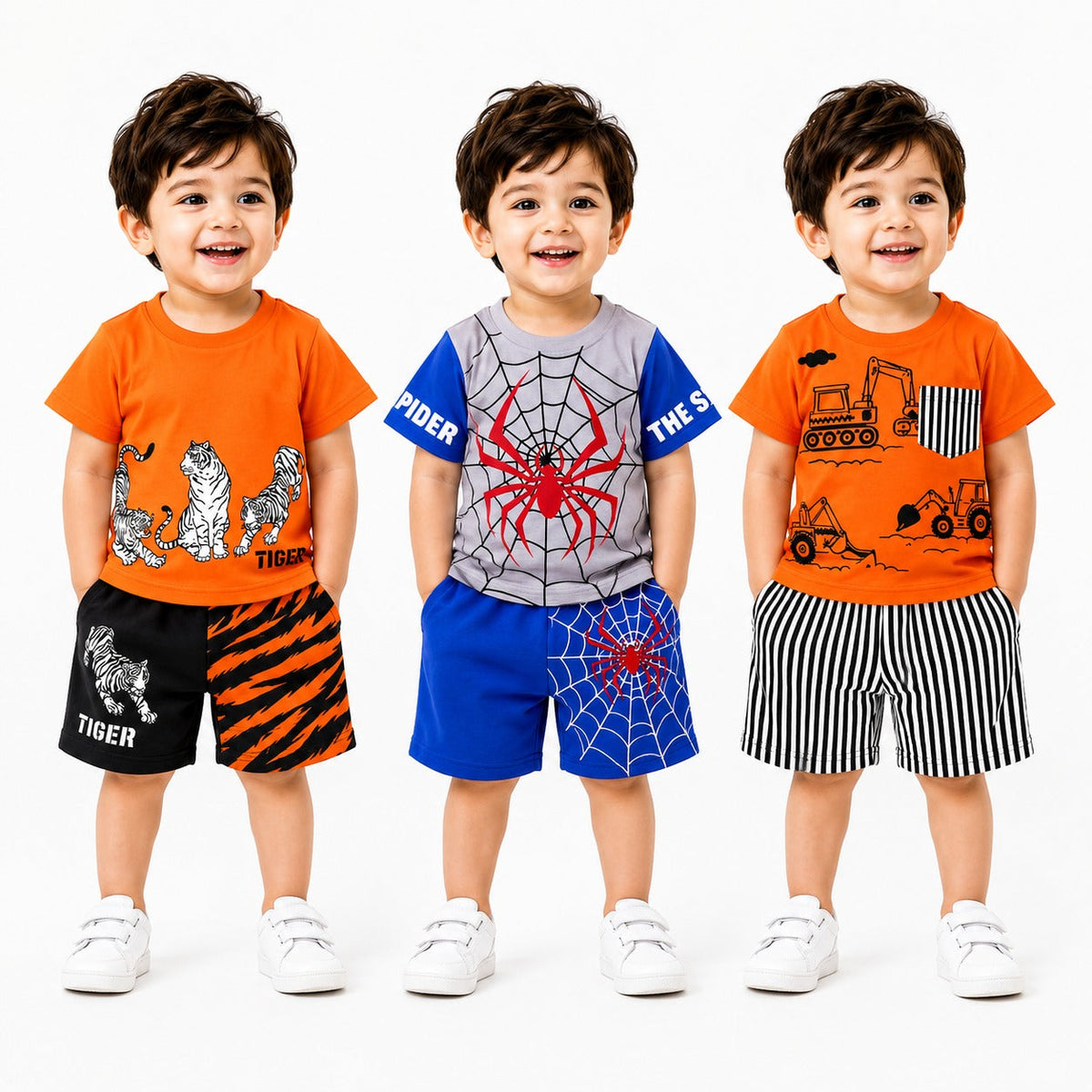 Tiger Print , Spider Hero , Construction Vehicle 2-Piece T-Shirt & Shorts Set  ( Pack of three )