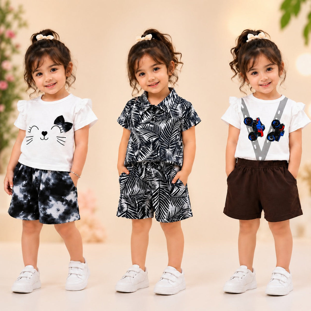 Cat Face, Tropical Leaf & Racing Car Shorts Set ( Pack of Three )
