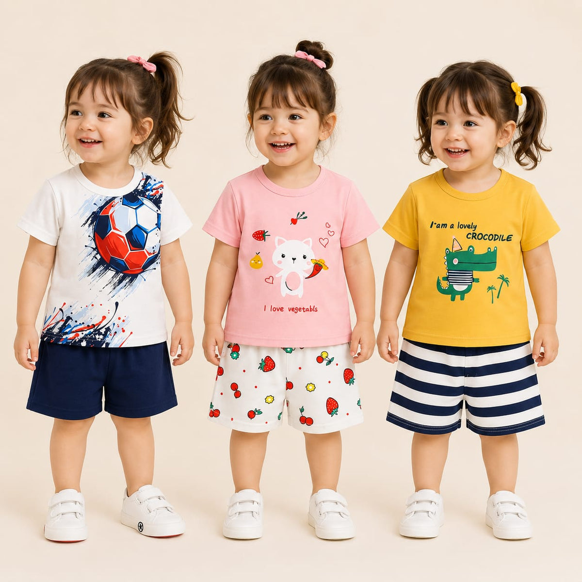 Soccer, Kitty & Crocodile Collection Cotton T-Shirt & Shorts Co-Ord Set  ( Pack of 3 )