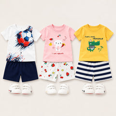 Soccer, Kitty & Crocodile Collection Cotton T-Shirt & Shorts Co-Ord Set  ( Pack of 3 )