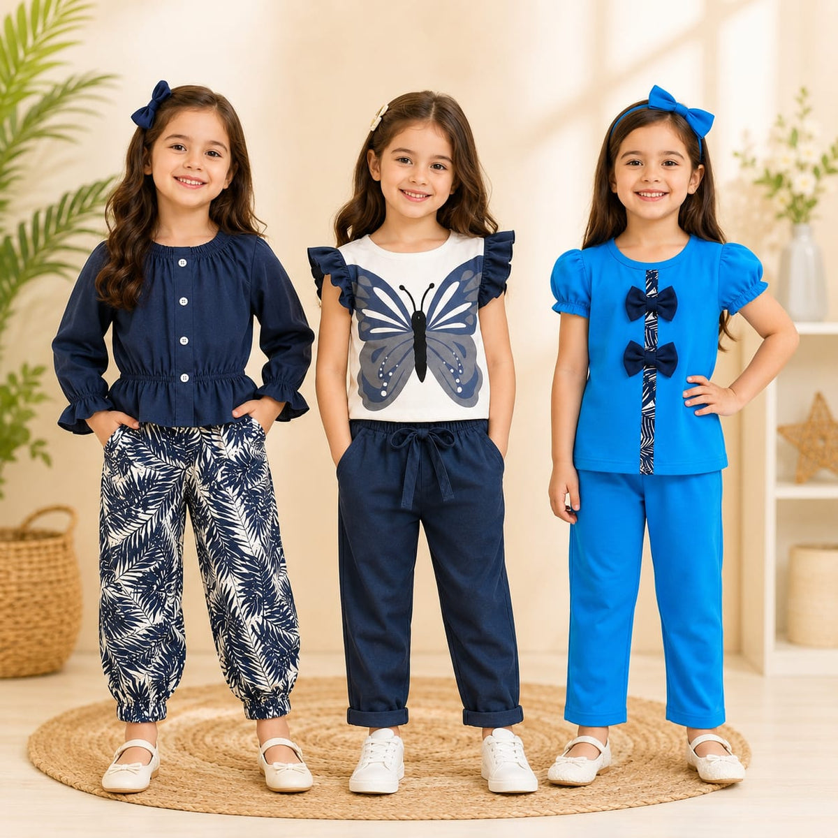 Navy Blue Peplum Top & Butterfly Printed & Royal Blue Bow Detail Girls Co-Ord Set (Pack of 3)