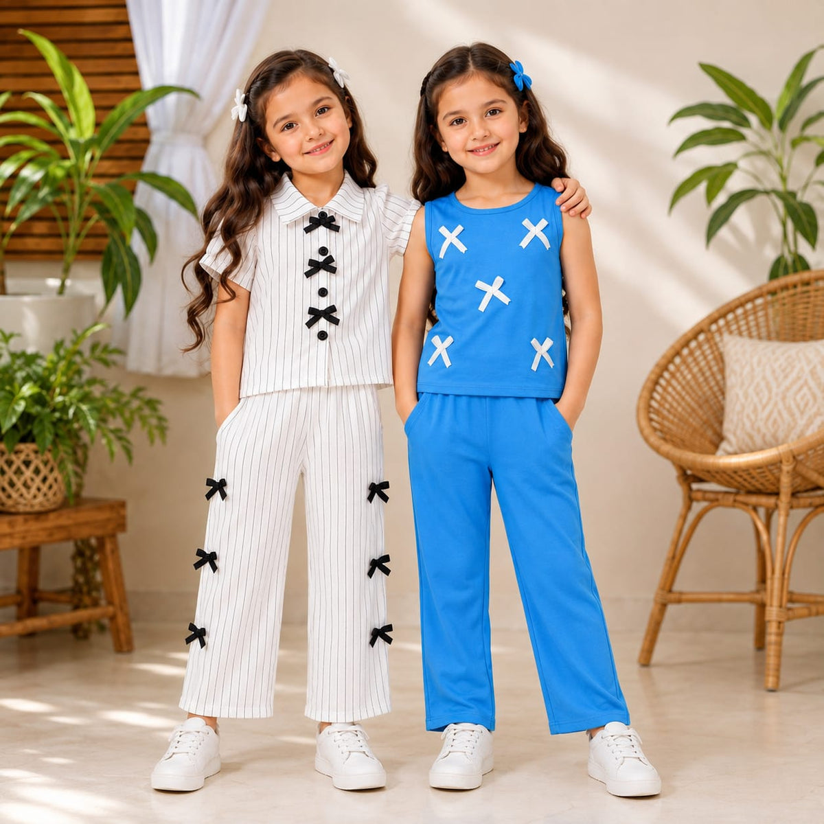 White Ribbon Stripe Co-Ord Set & Blue Ribbon Sleeveless Co-Ord Set for Girls (Pack of 2)D10